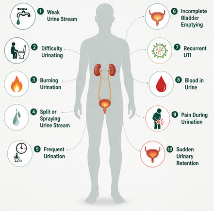Infographic showing 10 early symptoms of urethral stricture including weak stream, difficulty urinating, burning, and urinary retention